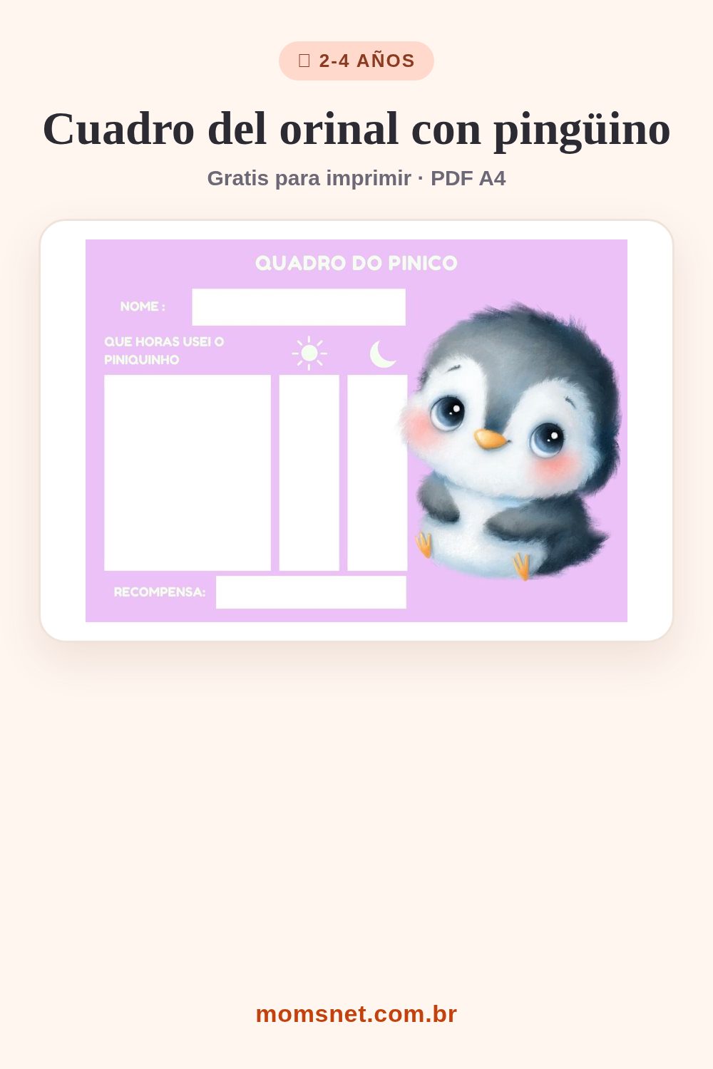 Cuadro lila del orinal con pingüino, espacio para anotar los horarios y la recompensa
