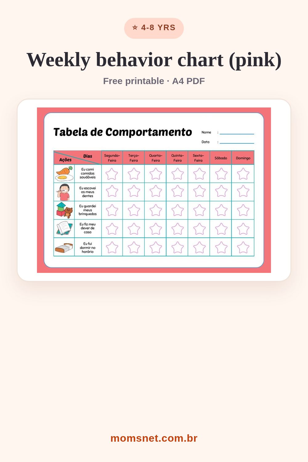 Pink and coral weekly chart with pictures of daily habits and stars to tick