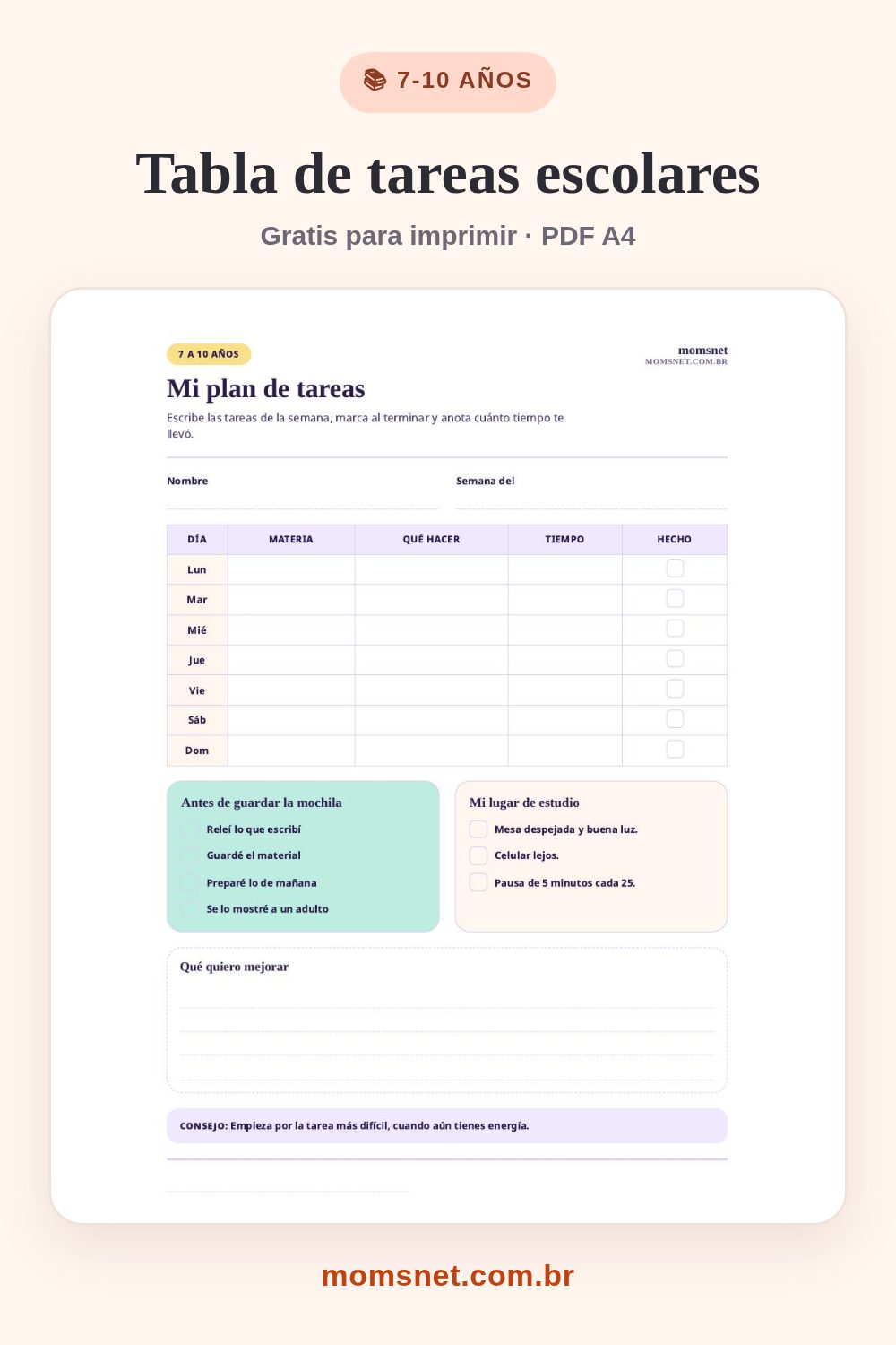 Tabla semanal de tareas escolares para imprimir, con materia, tarea, tiempo y hecho
