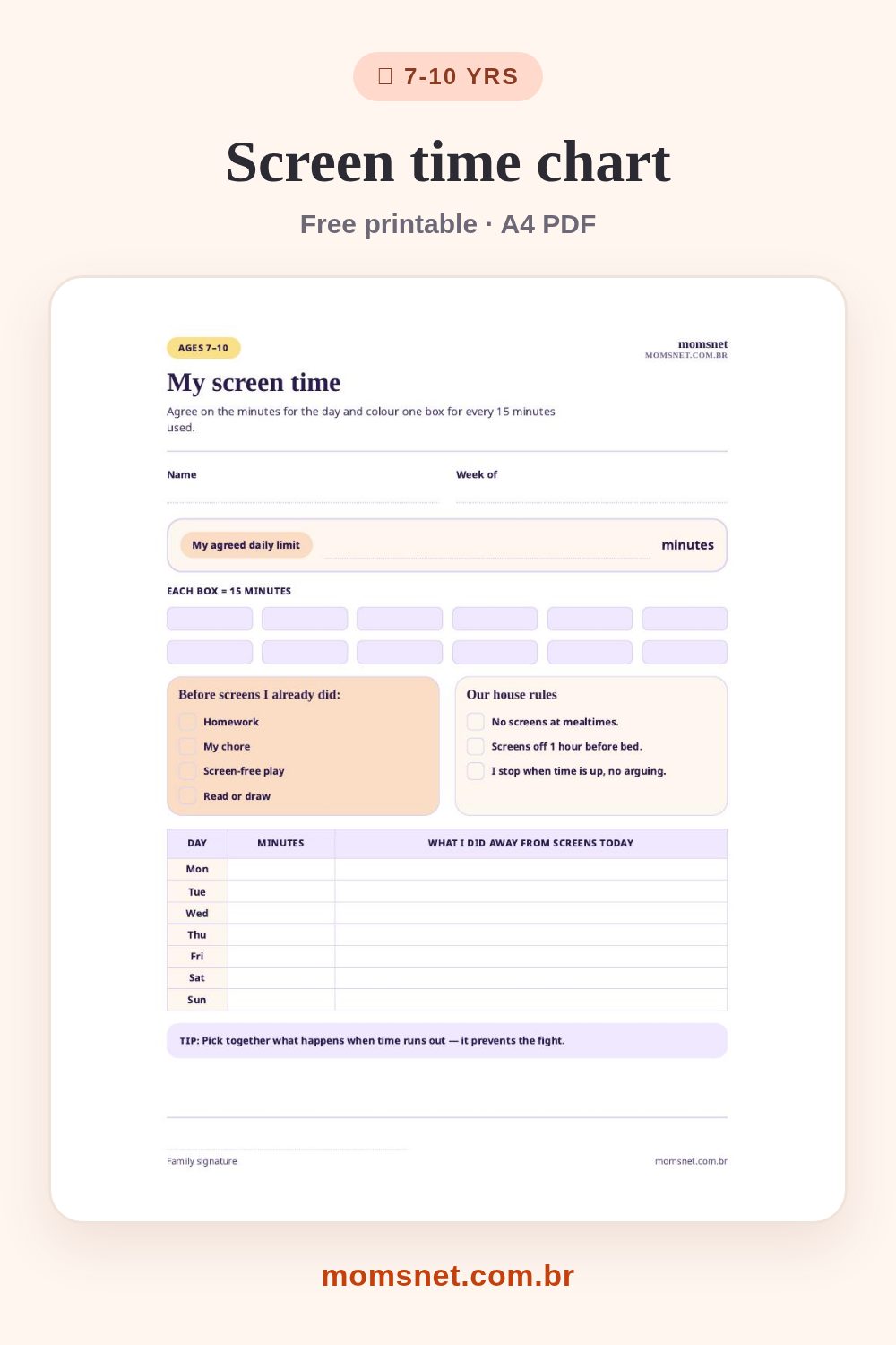 Printable screen time chart with a daily limit in 15-minute blocks