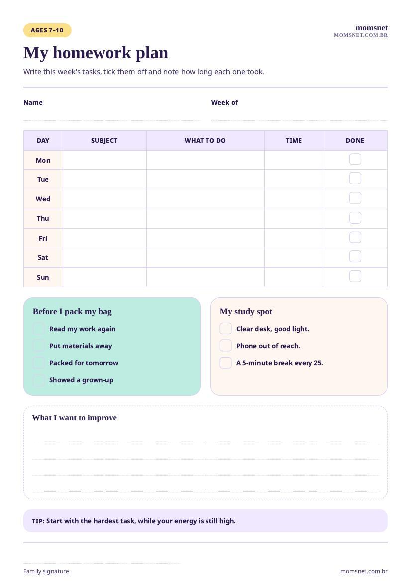 Printable weekly homework chart with subject, task, time and done columns