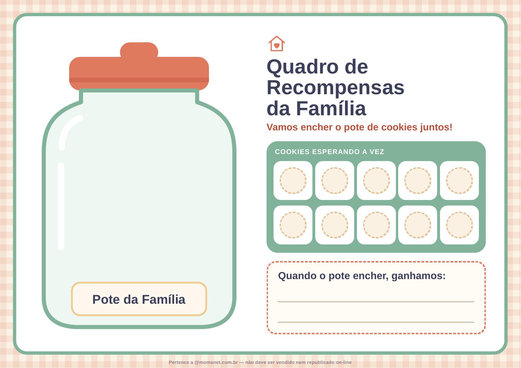 Quadro de recompensas da família — Kit de três páginas com pote de cookies, peças para recortar e orientações para incentivar a cooperação familiar.