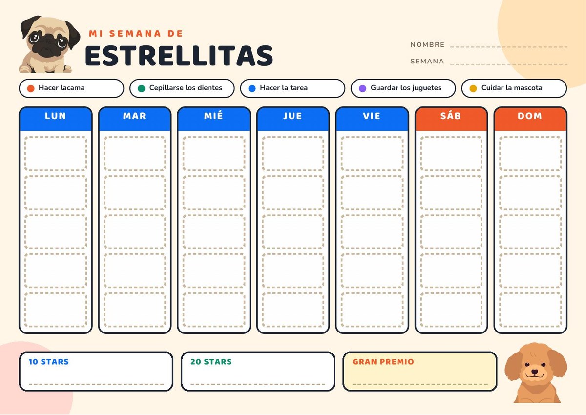 Mi semana de estrellitas con perritos — Tabla semanal para marcar estrellitas por hábito y llegar al premio final.