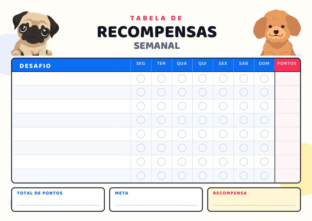 Tabela de recompensas semanal em branco — Versão livre para escrever os desafios da família e acompanhar os pontos.