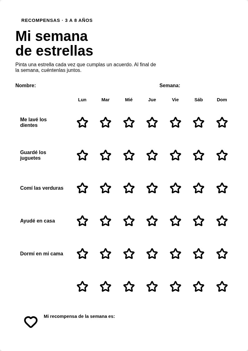 Mi semana de estrellas — Cinco acuerdos por día: pon una estrella en cada logro.