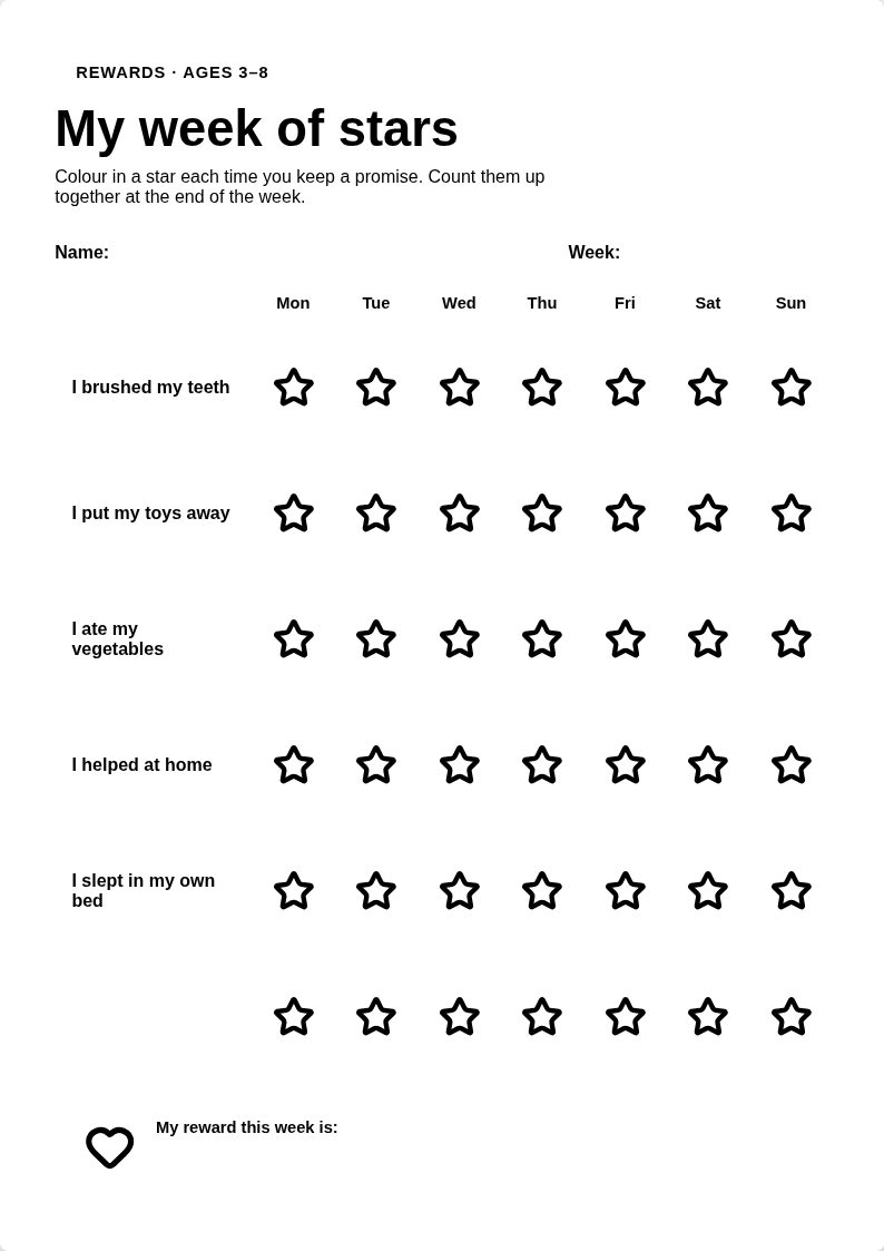 My week of stars β Five agreements per weekday: add a star for every win.