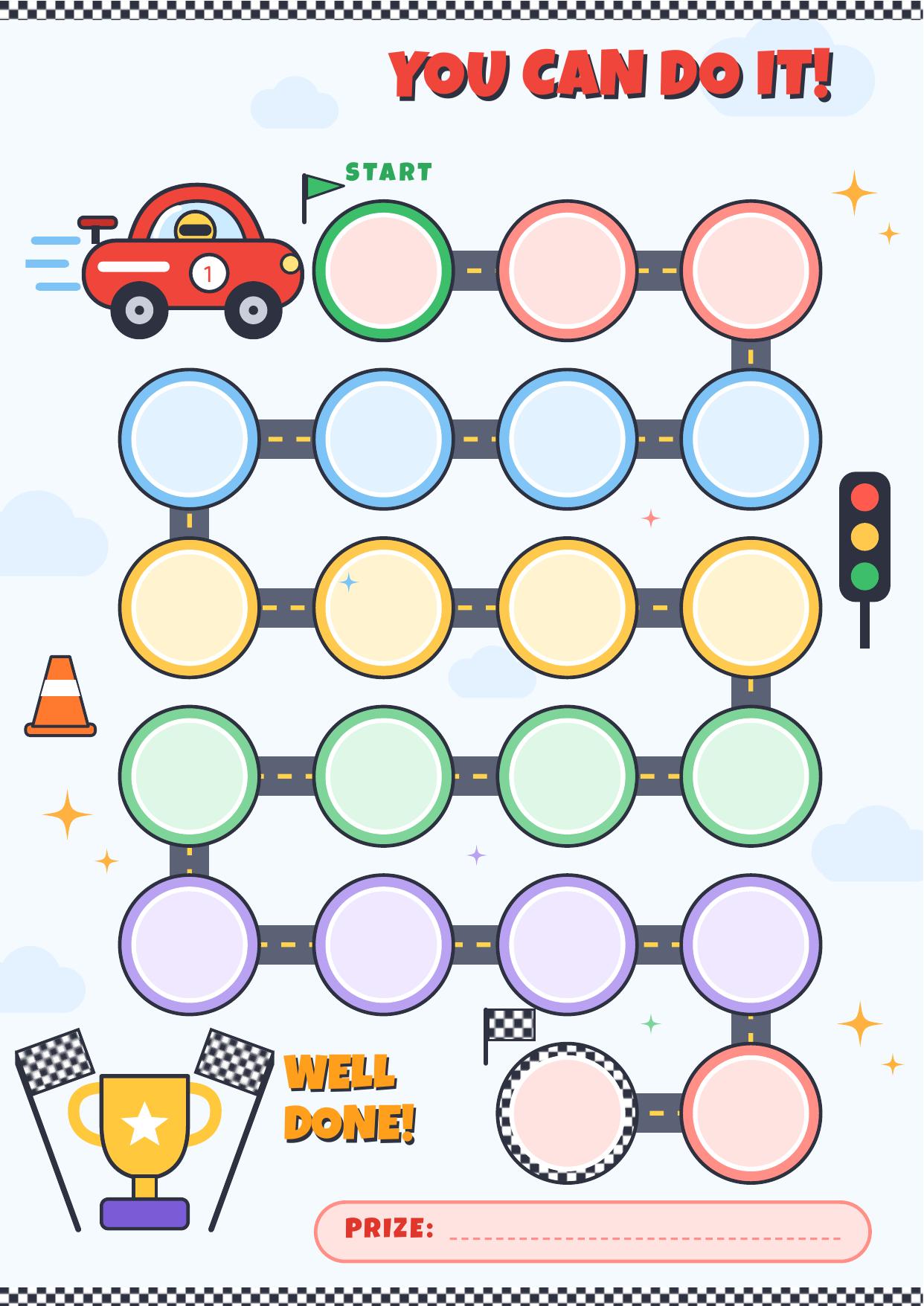 Race car reward chart — A 12-step reward path with a separate instruction page for grown-ups.