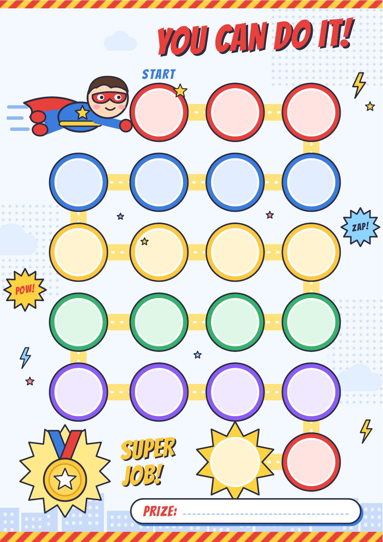 Superhero reward chart — A colorful 20-step mission with a final prize and guidance for encouraging good habits.