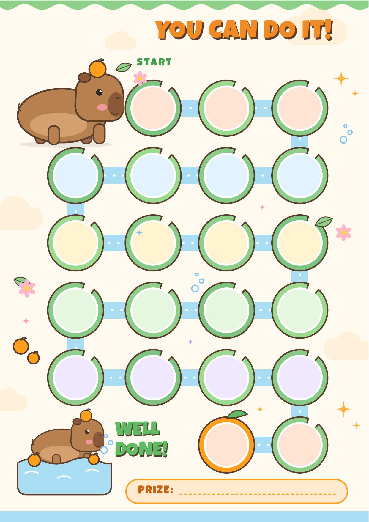 Capybara reward chart β A 10-step lily-pad path with guidance for building good habits calmly.