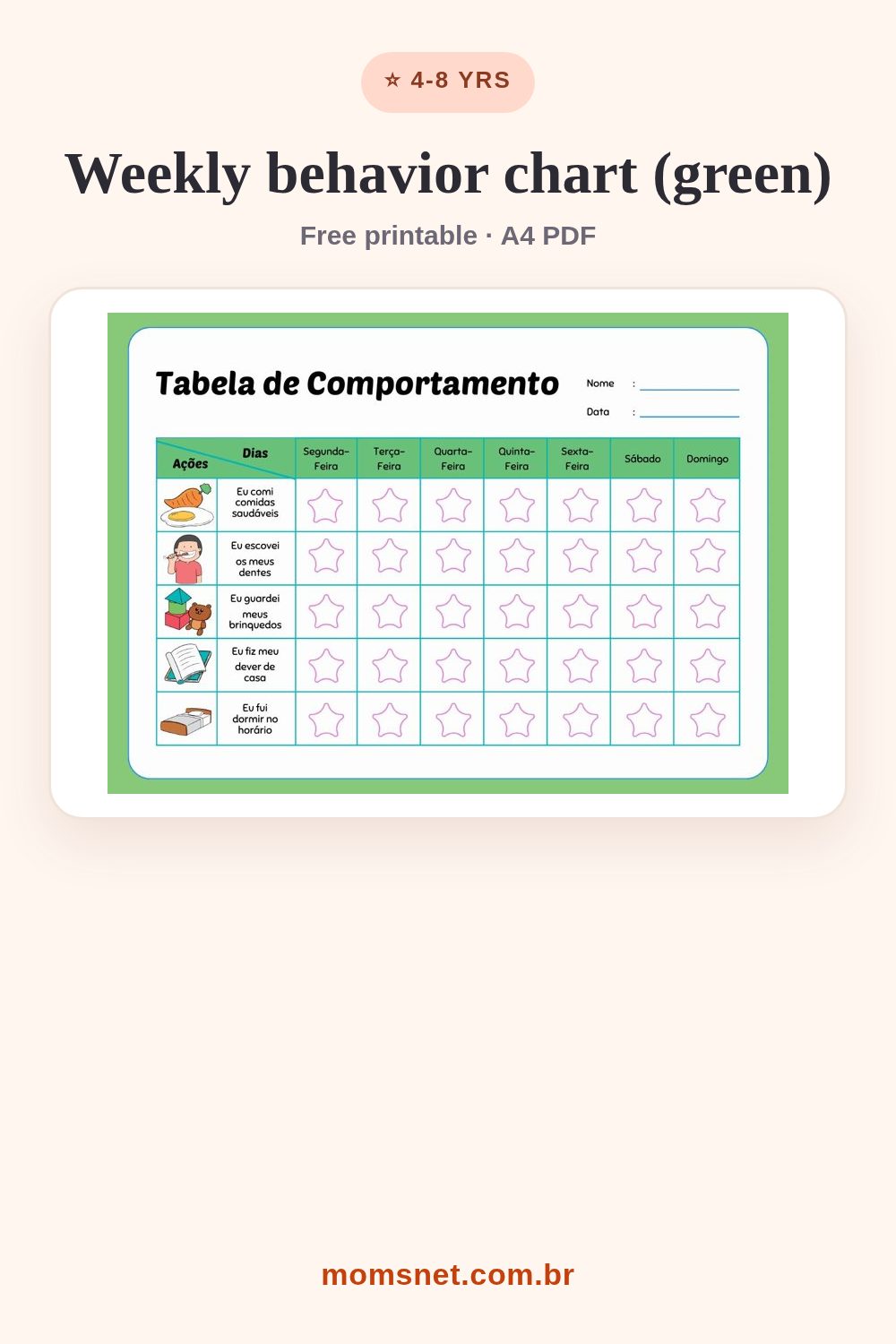 Green weekly chart with pictures of daily habits and a star to color for each day