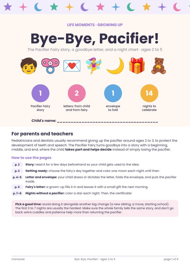 Bye-Bye, Pacifier! workbook cover with the Pacifier Fairy story for ages 2 to 5