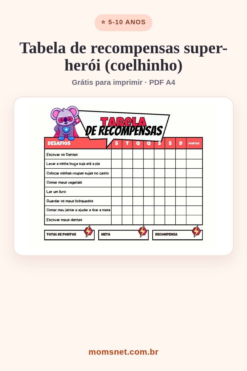 Tabela semanal de desafios com um coelhinho super-herói, linhas para tarefas e campos de meta e recompensa
