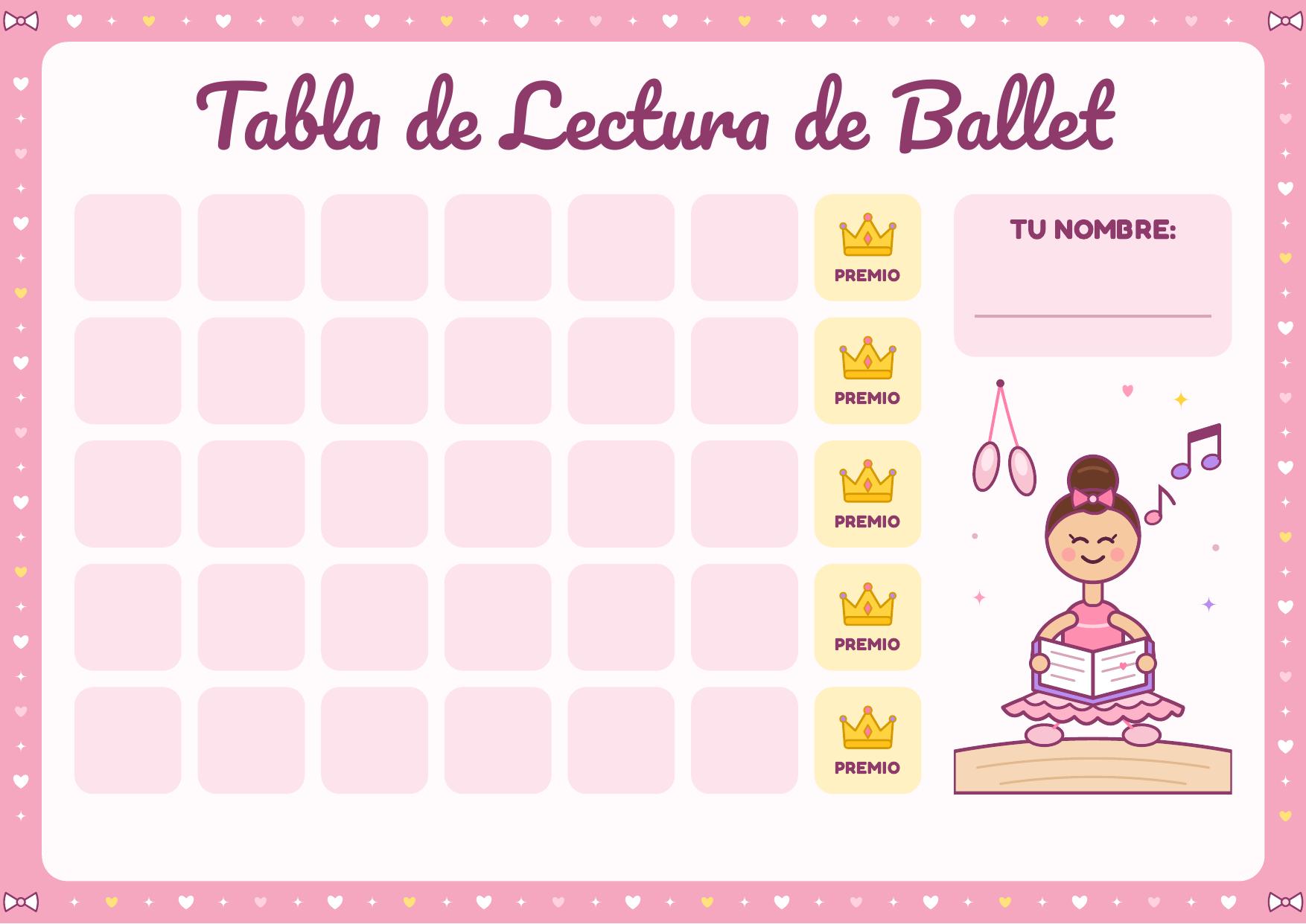 Tabla de lectura de ballet — Tabla de lectura con tema de bailarina, 30 espacios para marcar libros leídos y cinco premios.