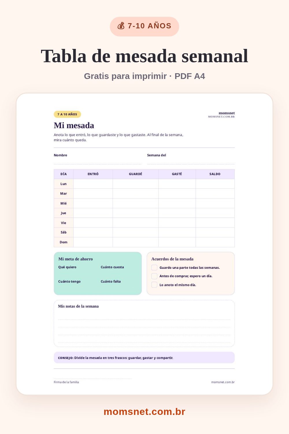 Tabla de mesada semanal para imprimir, con columnas de entró, guardé, gasté y saldo