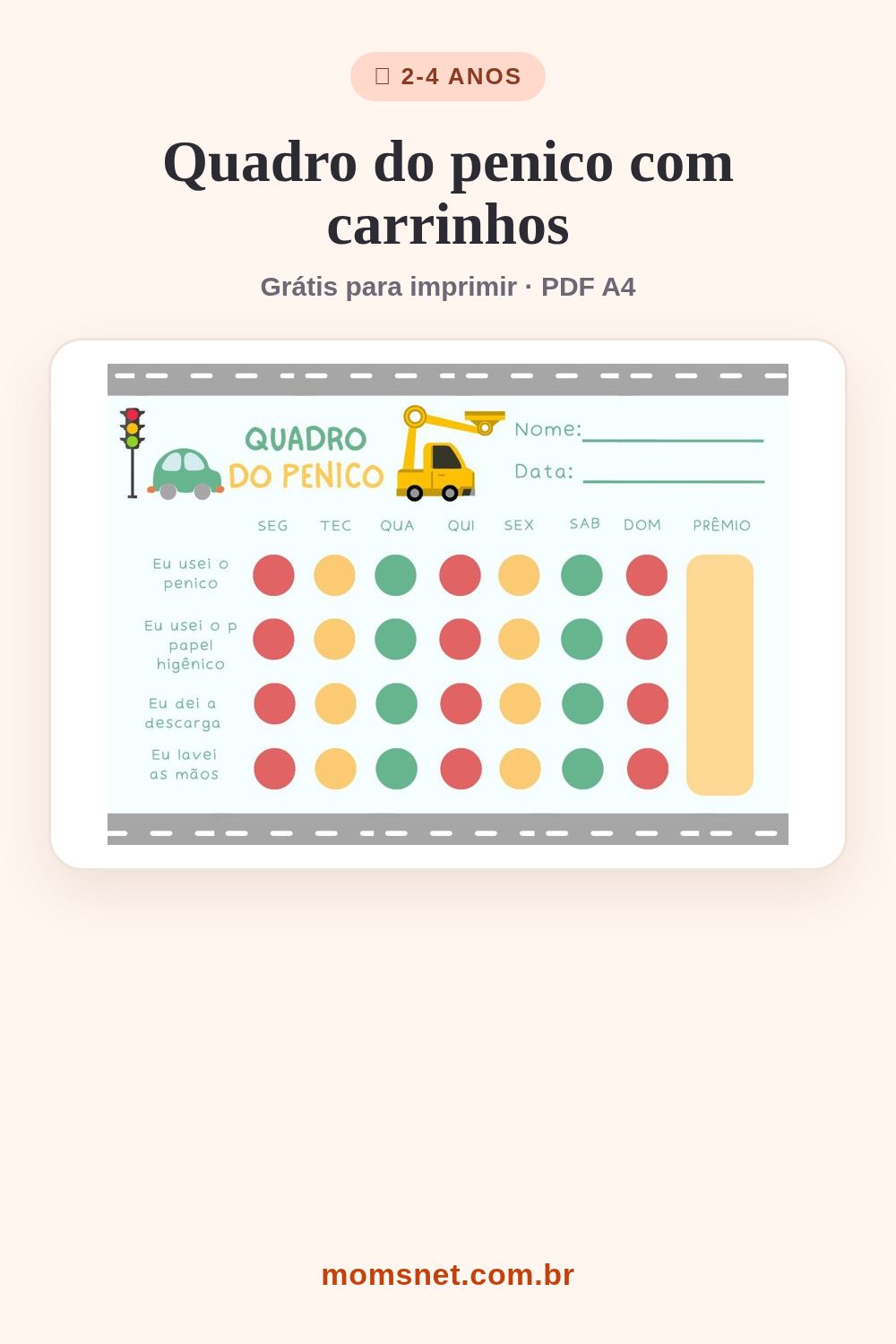 Quadro do penico com estradinha e carrinhos e bolinhas coloridas para marcar cada etapa da semana