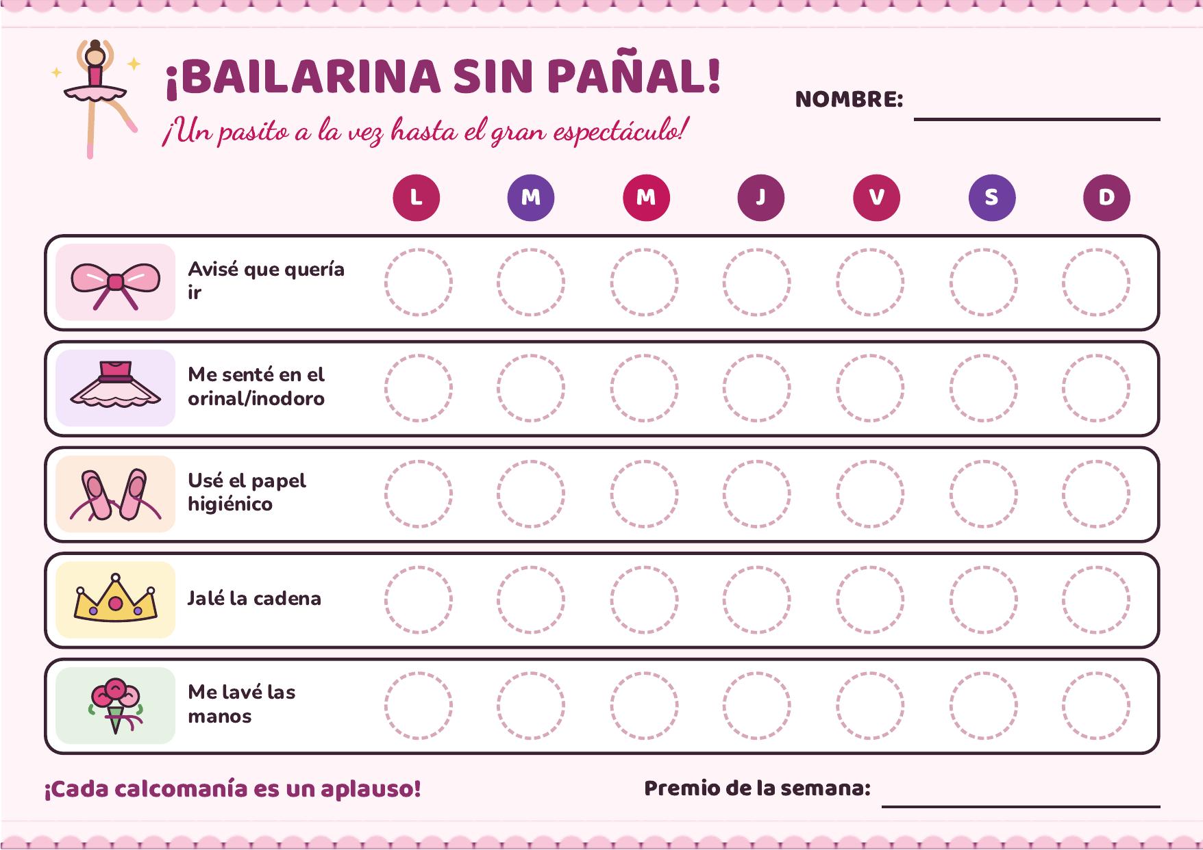 Tabla para dejar el pañal bailarina — Tabla semanal con tema de bailarina para marcar avisar, sentarse, usar papel, tirar la cadena y lavarse las manos.