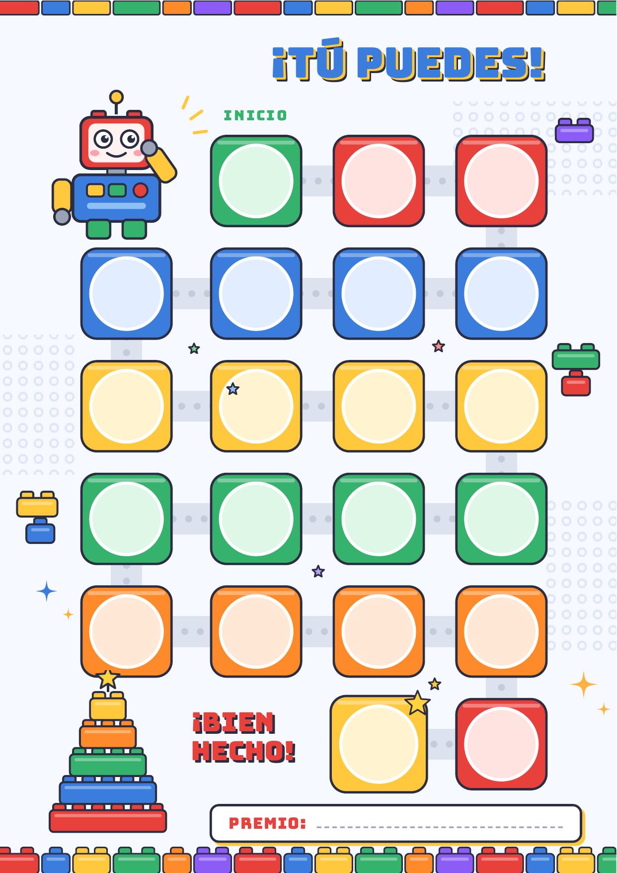 Tabla de recompensas con bloques de construcción — Camino colorido de 20 pasos con robot y bloques, más una página de consejos para los adultos.