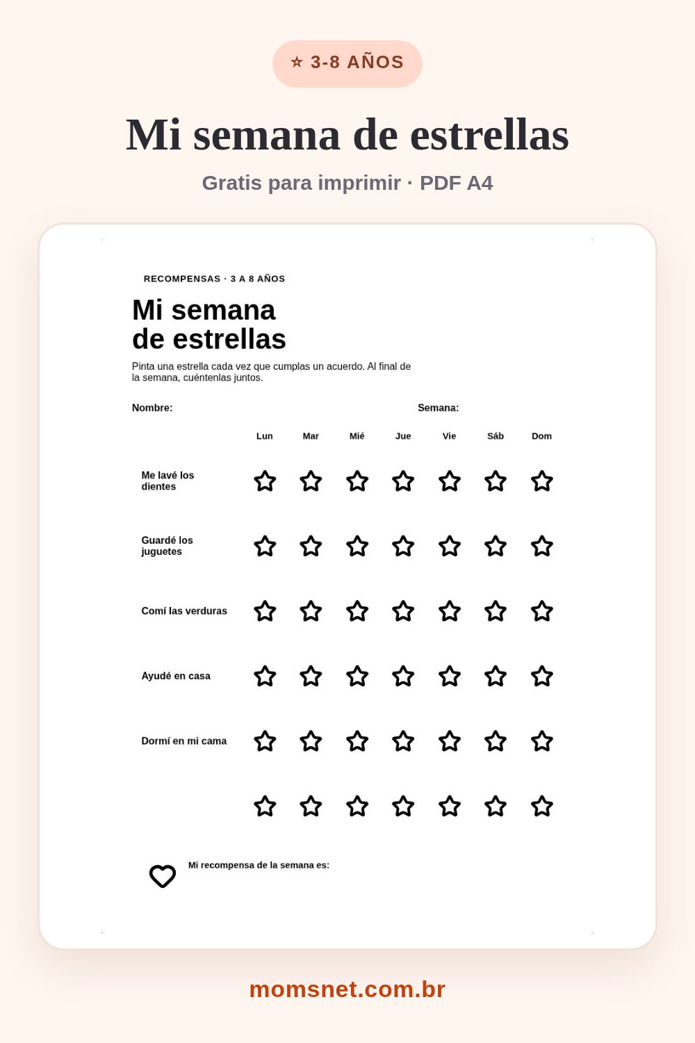 Mi semana de estrellas — Cinco acuerdos por día: pon una estrella en cada logro.