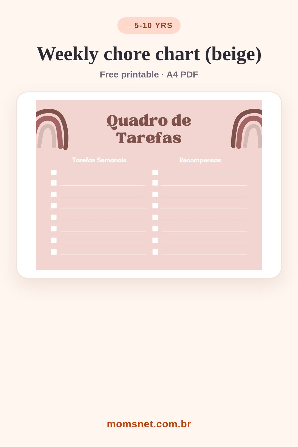 Beige chore chart with rainbows, one column for weekly tasks and one for rewards