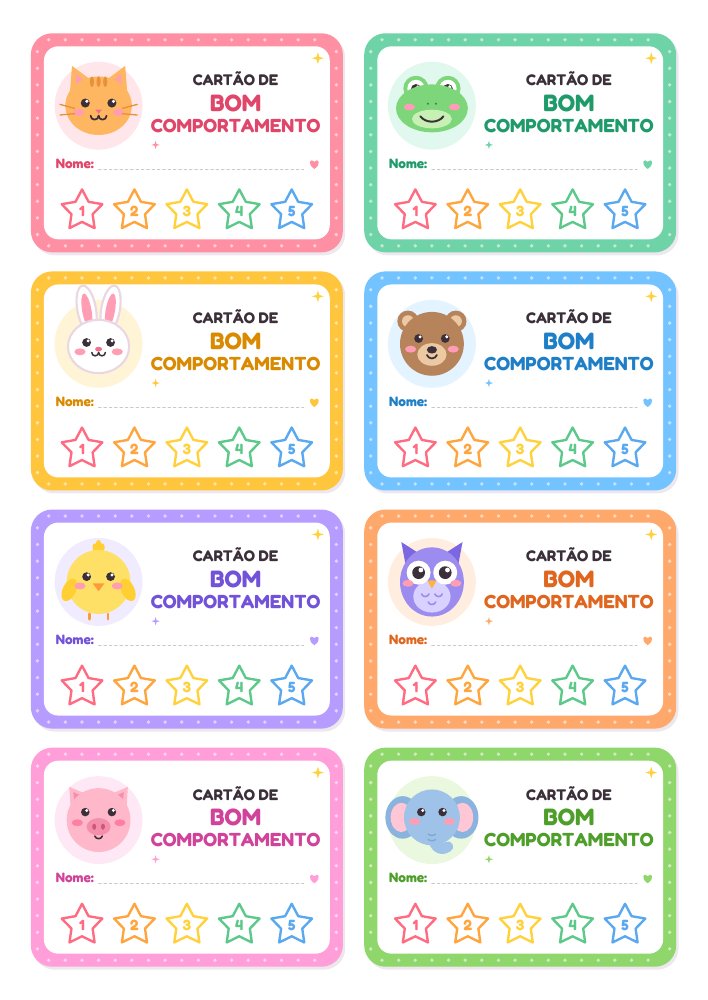 Folha A4 com oito cartões coloridos de animais e cinco estrelas em cada um