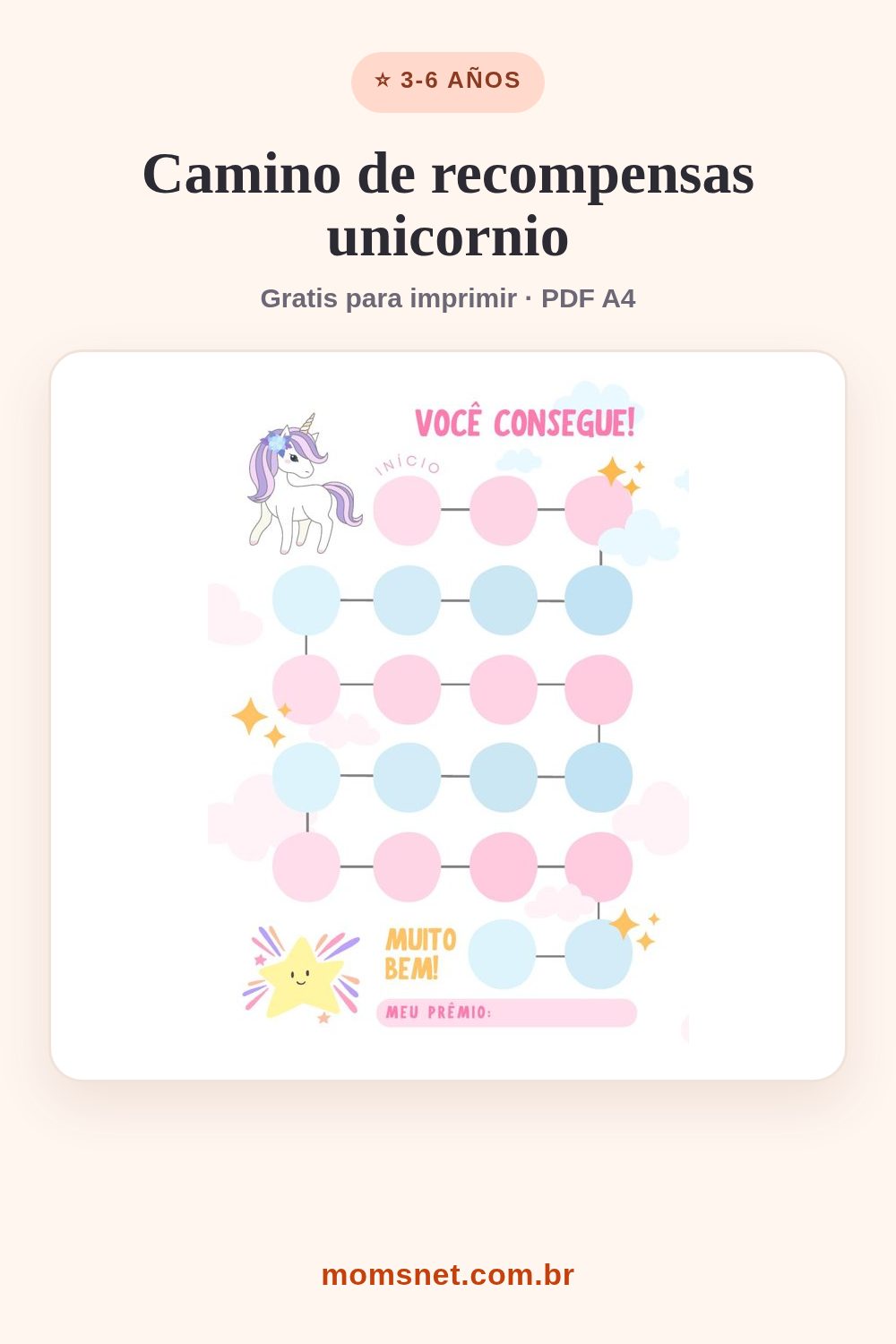 Camino rosa de círculos con unicornio y estrella, del inicio al premio