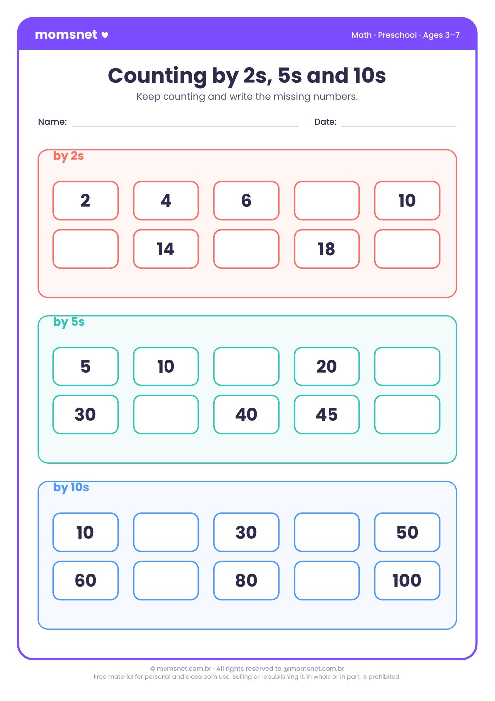 Counting by 2s, 5s and 10s