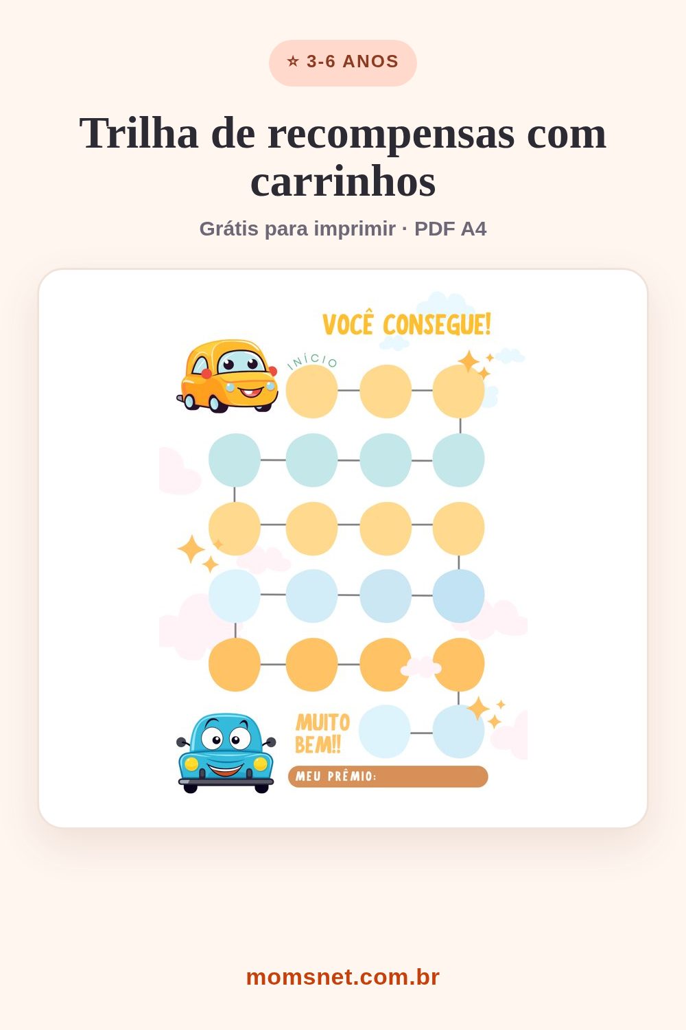 Trilha de bolinhas azuis e amarelas com carrinhos, do início até o prêmio combinado