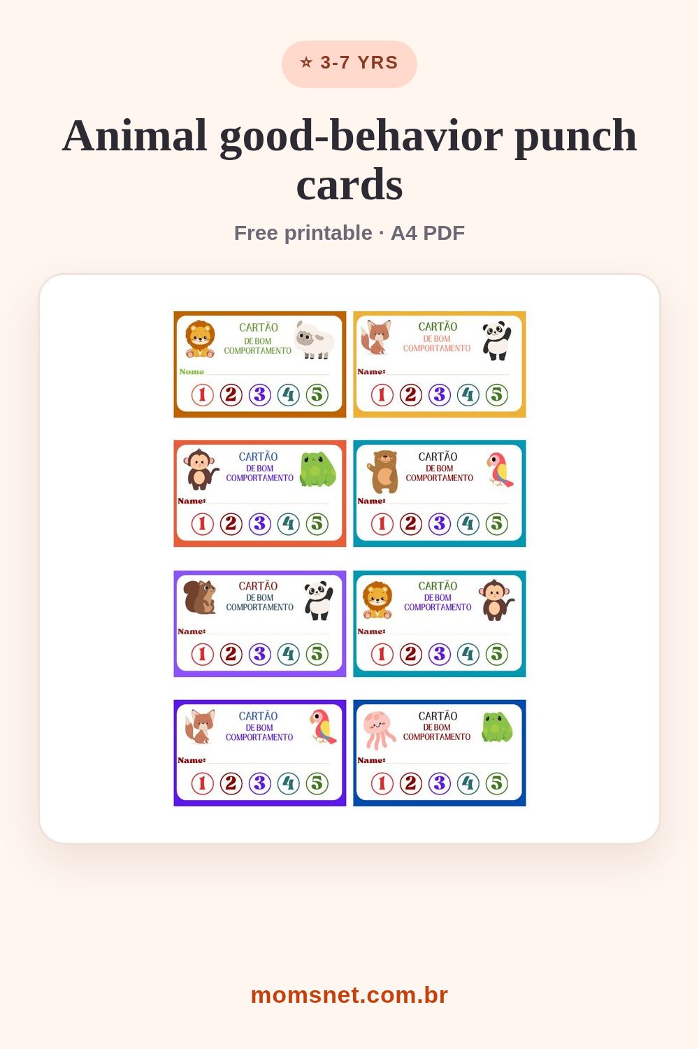 Sheet of eight colorful punch cards, each with an animal and five points to mark