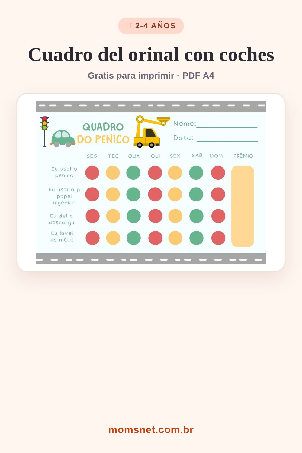 Cuadro del orinal con carretera, coches y puntos de colores para marcar cada paso
