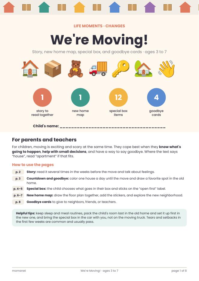 We're Moving! workbook cover with a story and new home map for ages 3 to 7