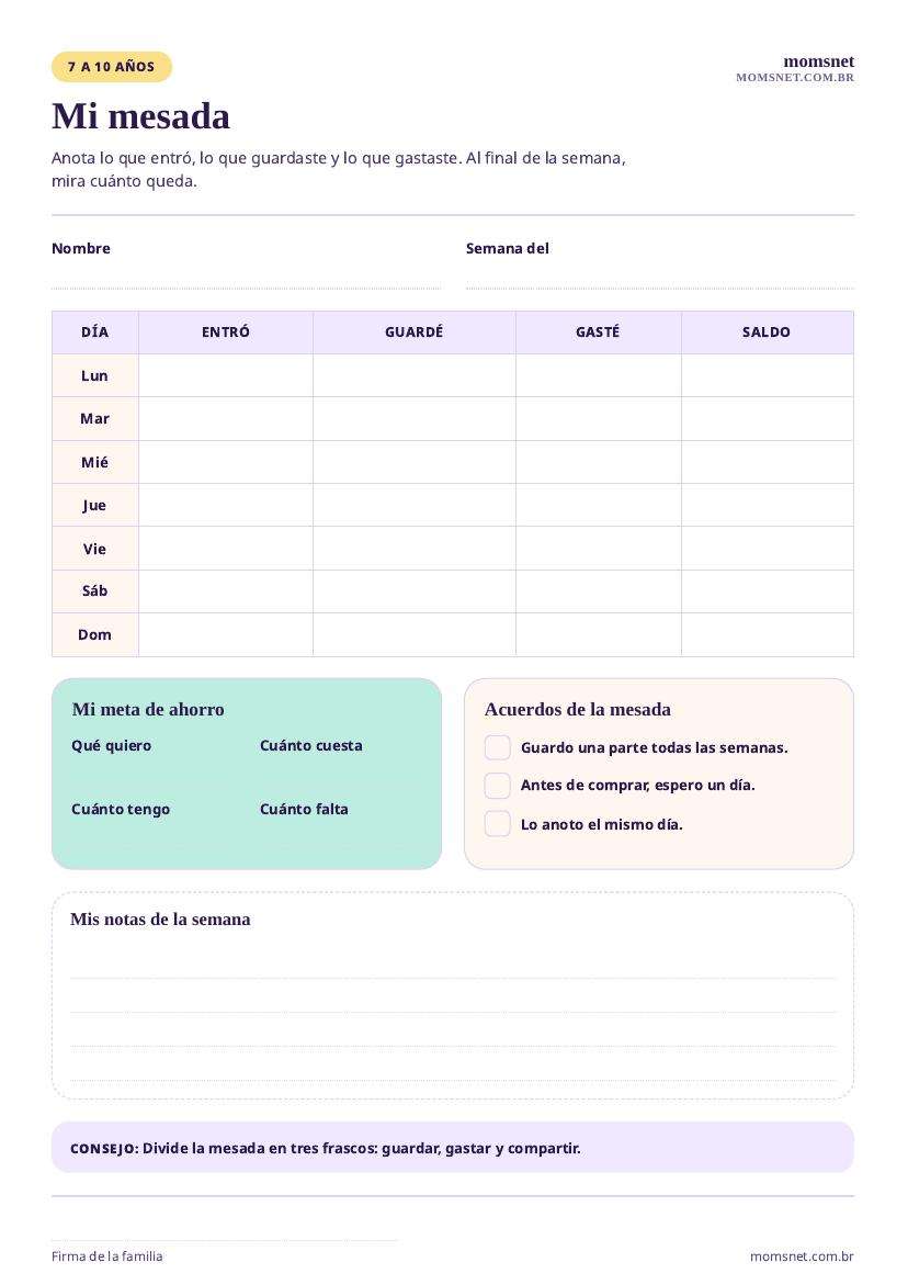 Tabla de mesada semanal para imprimir, con columnas de entró, guardé, gasté y saldo