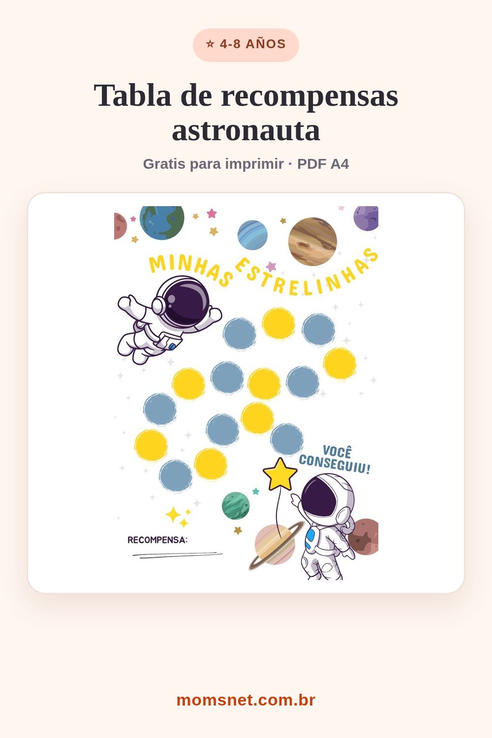 Camino espacial "mis estrellitas" con astronauta y planetas para marcar cada logro