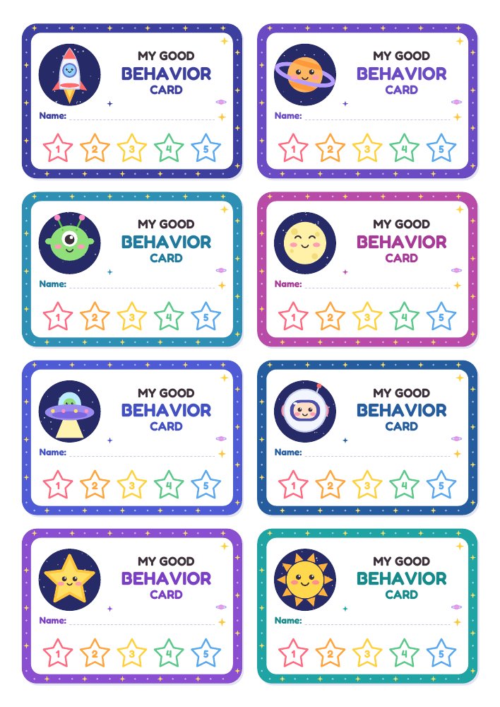 A4 sheet of eight space cards with five stars each