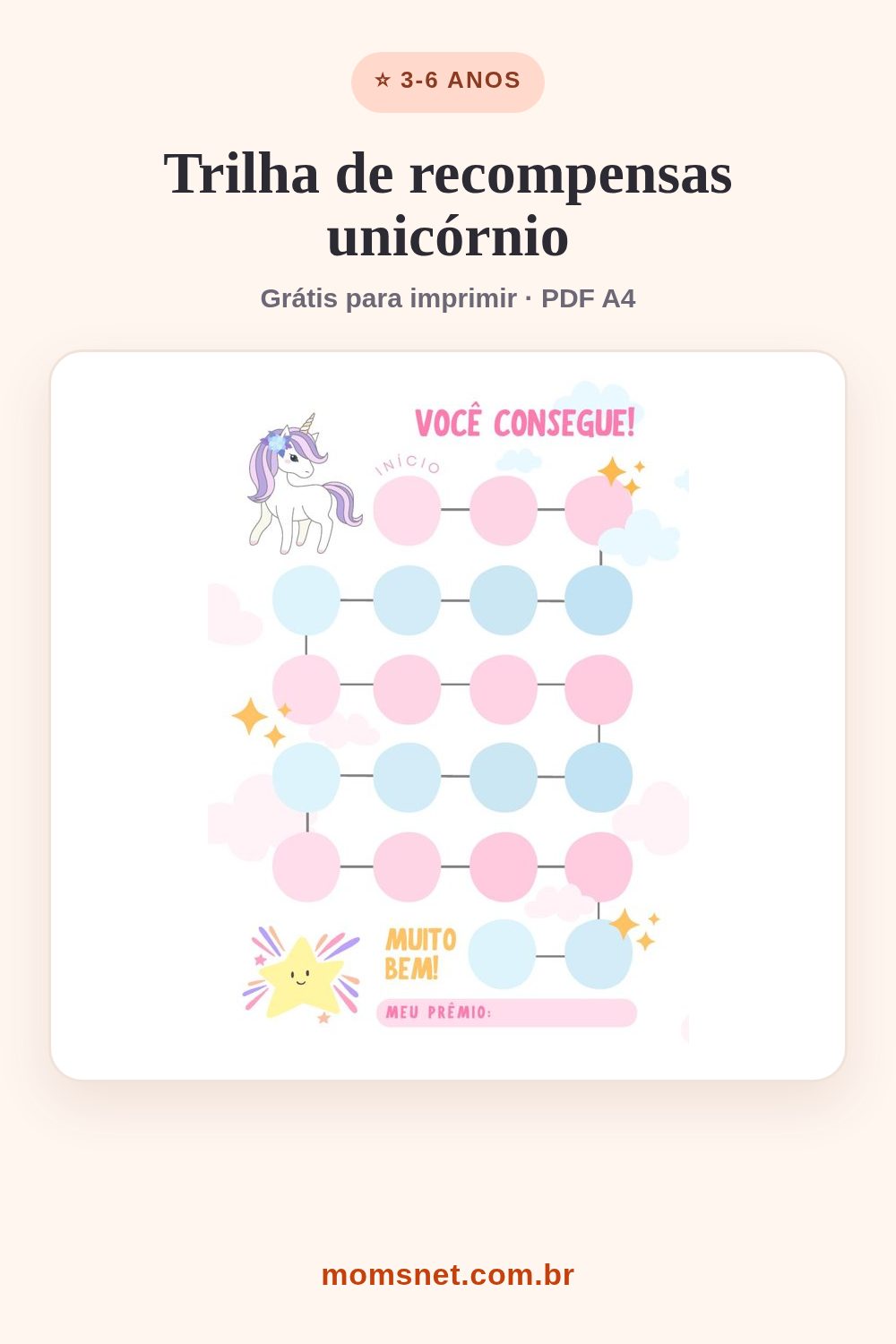 Trilha rosa de bolinhas com unicórnio e estrelinha, do início até o prêmio