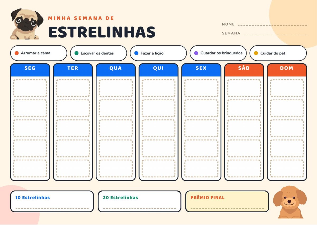 Minha semana de estrelinhas com cachorrinhos — Quadro semanal para marcar estrelinhas por hábito, com prêmio final combinado.