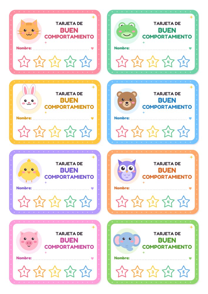Hoja A4 con ocho tarjetas de animales y cinco estrellas en cada una