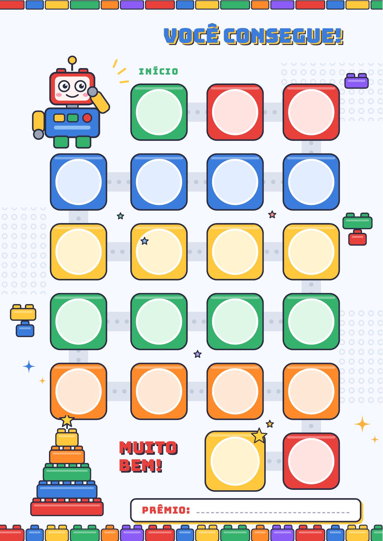 Quadro de recompensas com blocos de montar — Trilha colorida com 20 etapas, robô e blocos de montar, além de uma página de orientações para os adultos.