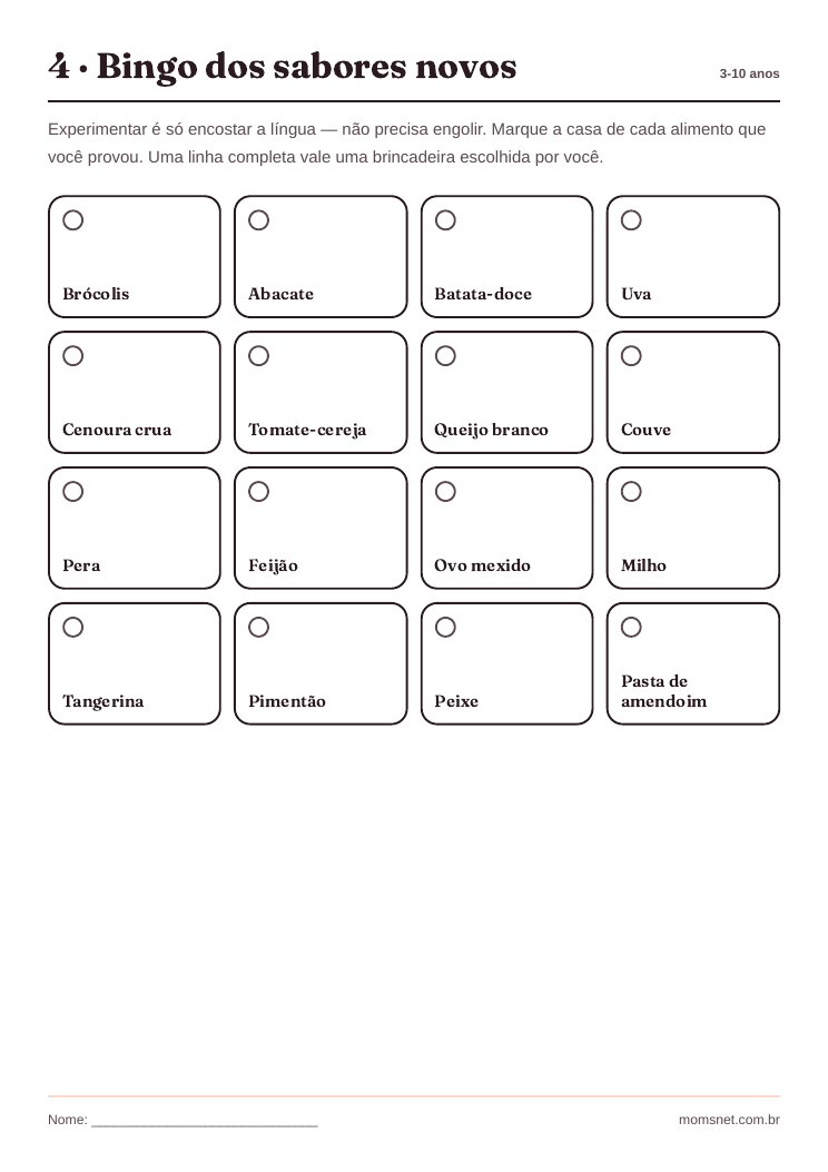 Bingo dos sabores novos