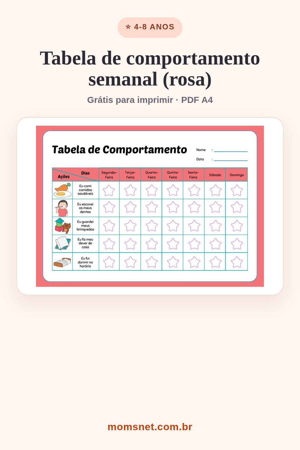Tabela semanal rosa e coral com ilustrações dos hábitos do dia e estrelas para marcar