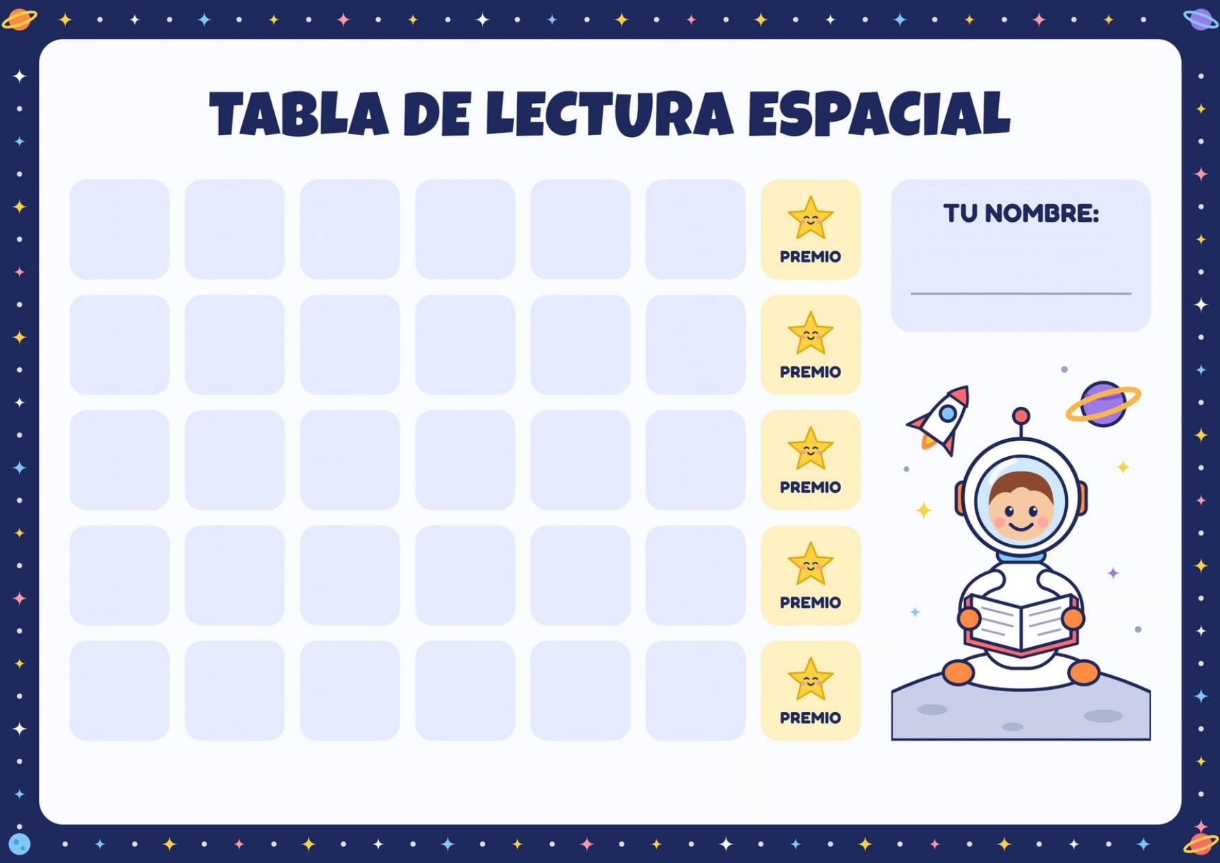 Tabla de lectura espacial — Misión de lectura con 30 pasos, cinco premios y una guía de dos páginas para crear el hábito de leer.