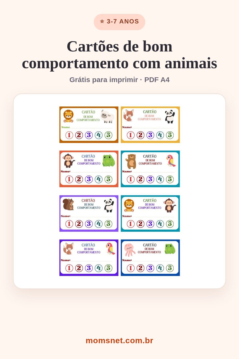Folha com oito cartõezinhos coloridos de bom comportamento, cada um com um animal e cinco pontos para marcar