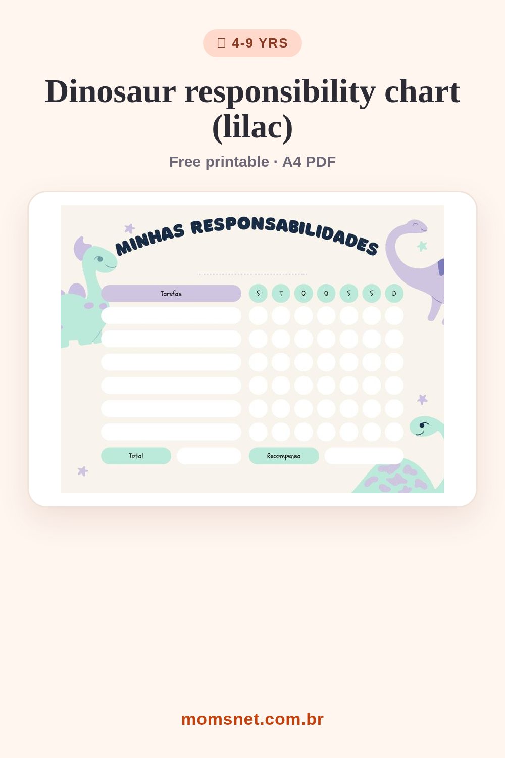 Lilac responsibility chart with dinosaurs, a weekly grid, total and reward