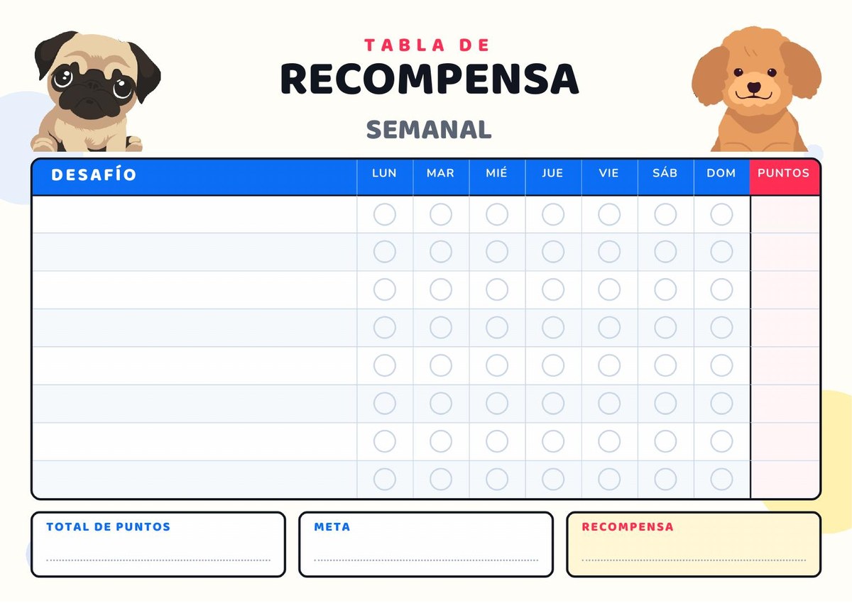 Tabla de recompensas semanal en blanco — Versión libre para escribir los desafíos de la familia y seguir los puntos.