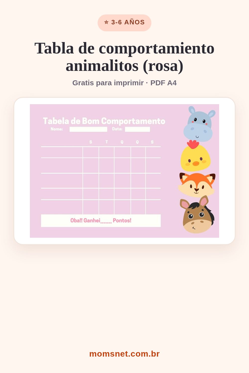 Tabla de buen comportamiento rosa con hipopótamo, patito, zorro y caballito y una rejilla semanal