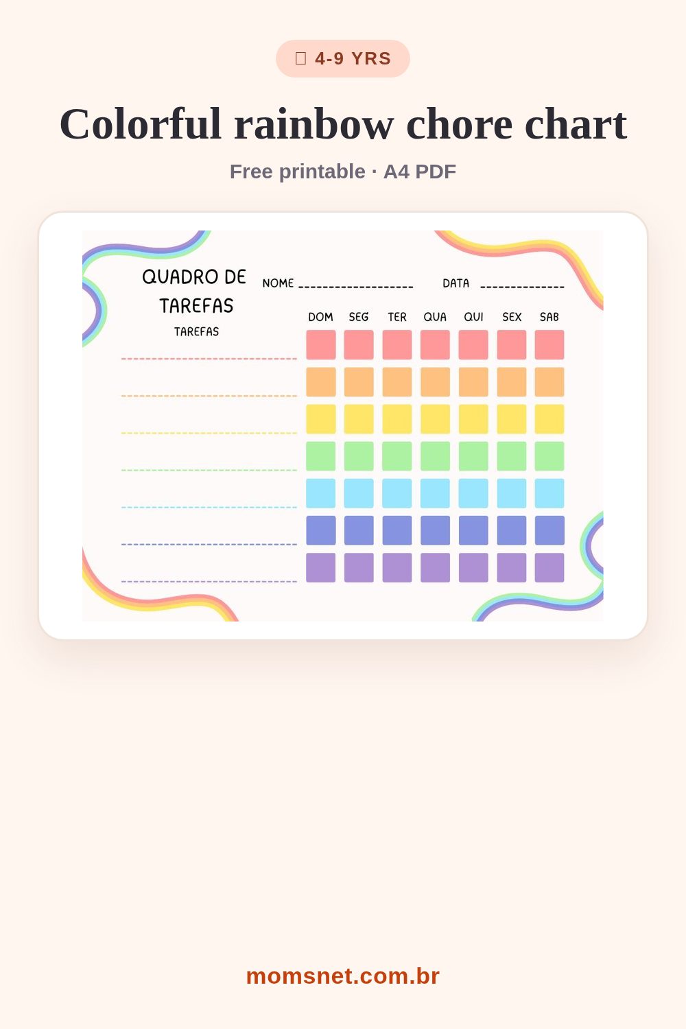 Chore chart with a rainbow border and colorful squares to tick from Sunday to Saturday