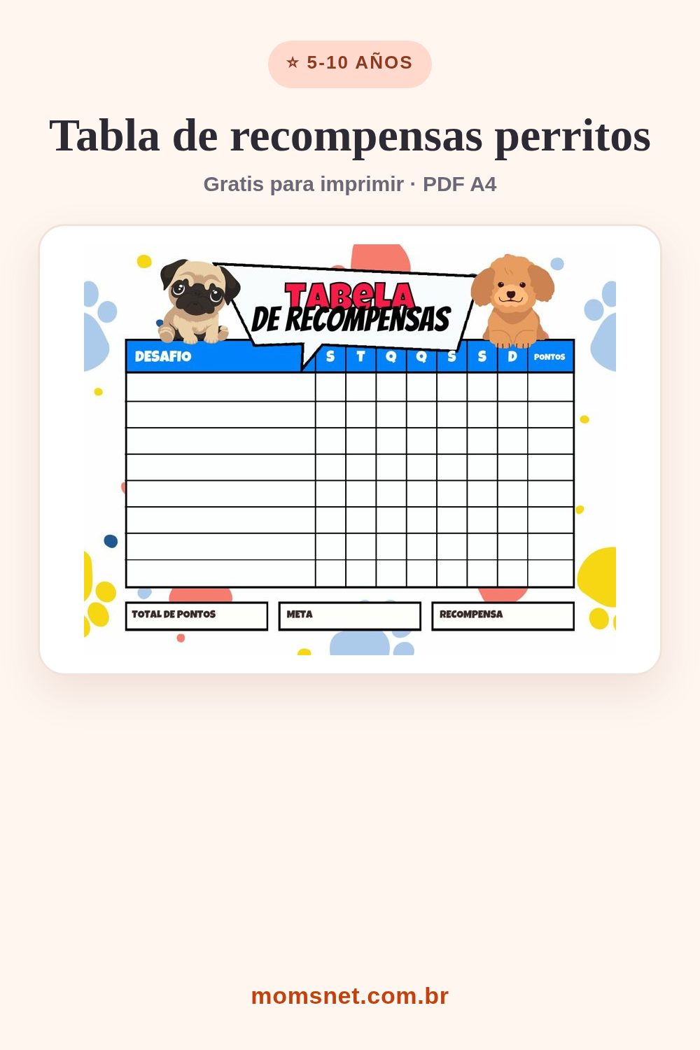 Tabla de recompensas con dos perritos y filas en blanco para escribir los desafíos