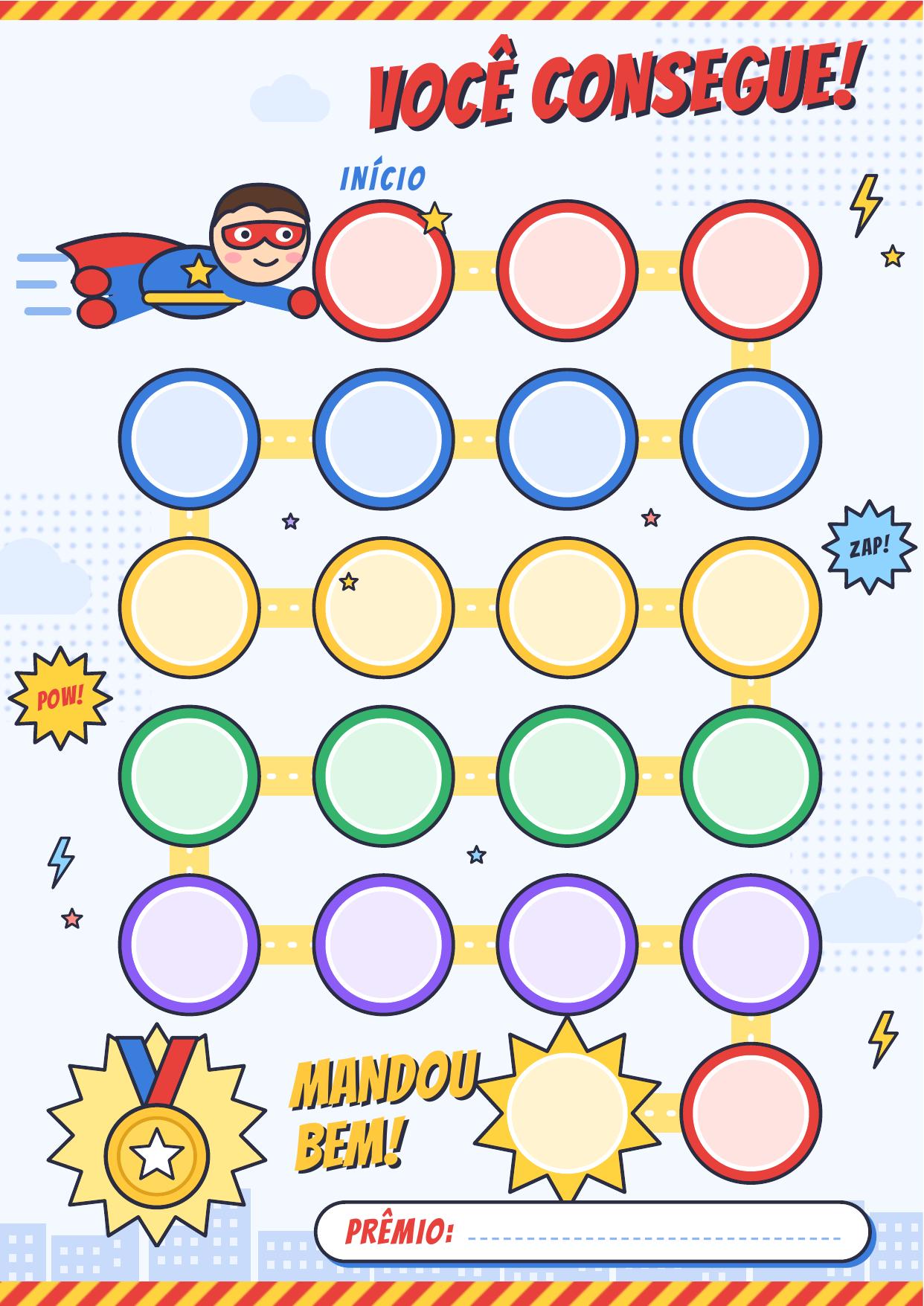 Quadro de recompensas de super-herói — Missão colorida com 20 etapas, prêmio final e instruções para incentivar bons hábitos.