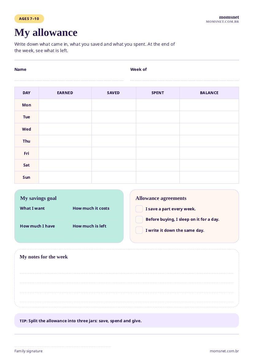 Printable weekly allowance chart with earned, saved, spent and balance columns