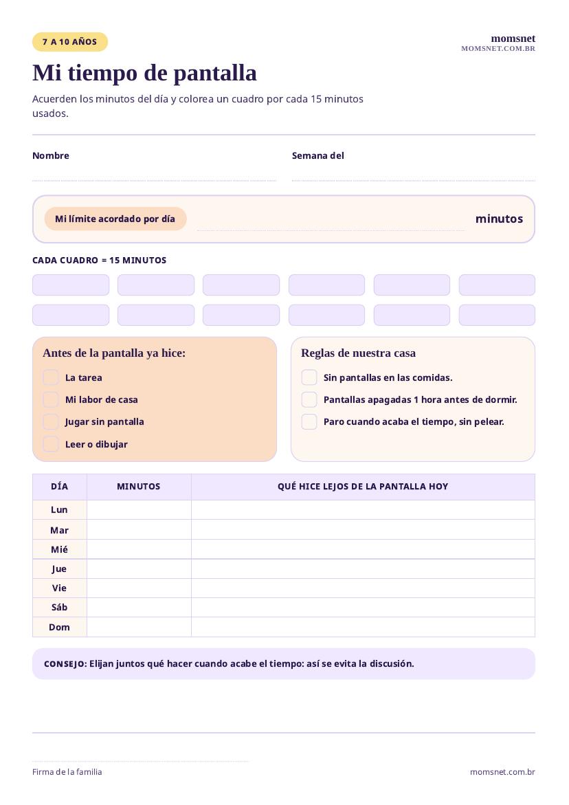Tabla de tiempo de pantalla para imprimir, con límite diario en bloques de 15 minutos