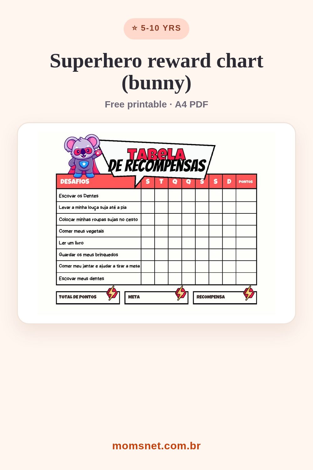 Weekly challenge chart with a superhero bunny, task rows and goal and reward fields